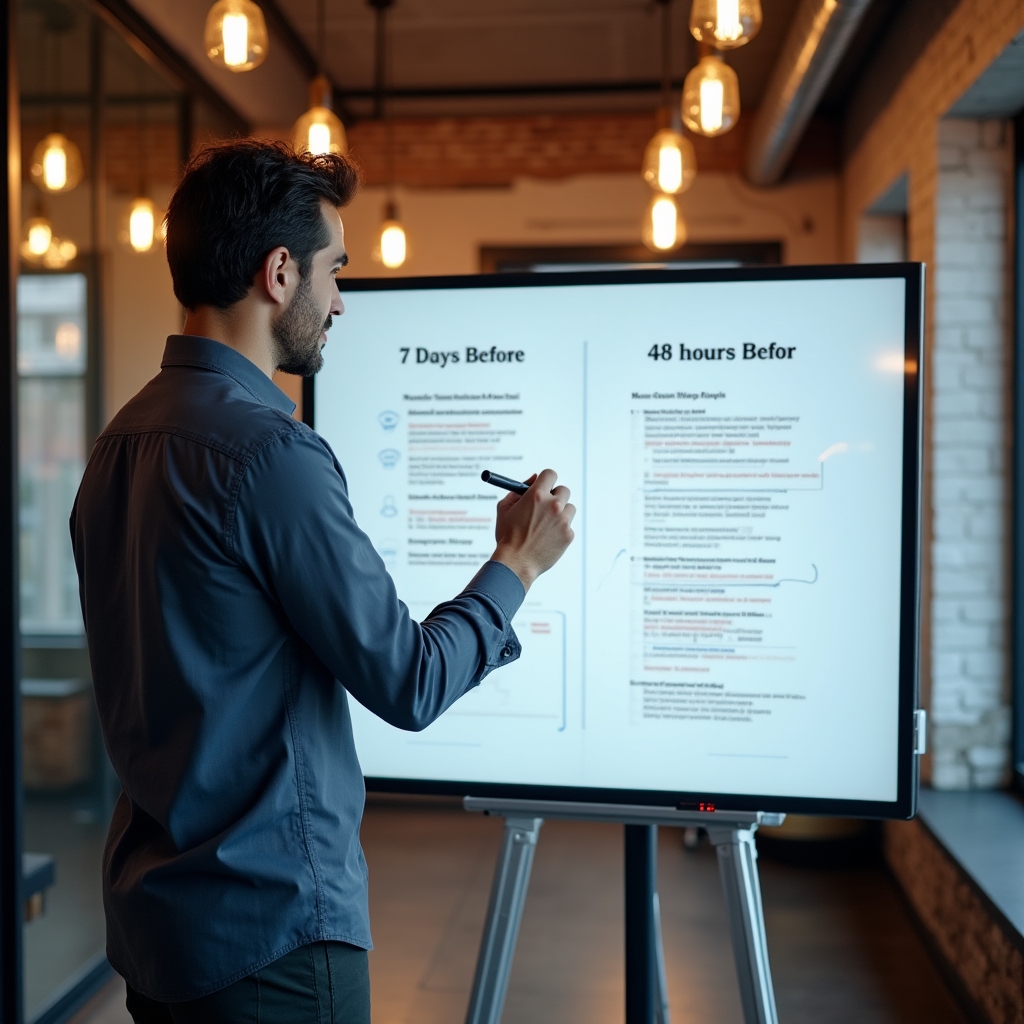 A consultant designing a tiered reminder message sequence on a digital whiteboard with timing intervals marked