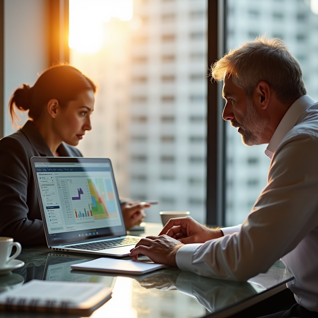 Consultant reviewing scheduling data on a laptop with a dental practice manager
